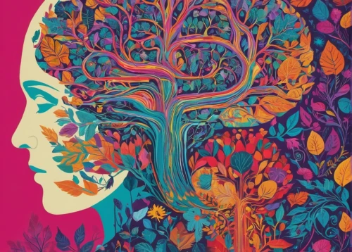 colorful tree of life,psychedelic art,tree of life,girl with tree,mind-body,mind,the branches of the tree,digital illustration,rooted,the branches,psychedelic,branching,flourishing tree,cancer illustration,brain,painted tree,boho art,dryad,woman thinking,head woman,Conceptual Art,Oil color,Oil Color 14