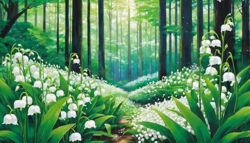 lilly of the valley,lilies of the valley,lily of the field,lily of the valley,fairy forest,galanthus,snowdrops,doves lily of the valley,forest background,ramsons,flower painting,forest flower,wild tulips,green forest,spring background,forest plant,forest floor,fairytale forest,white tulips,cartoon forest,Illustration,Japanese style,Japanese Style 04