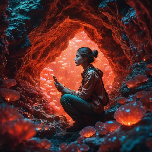 lava cave,lava tube,lava,chasm,cave,embers,lava balls,red lantern,photomanipulation,cave tour,pit cave,fire background,fire artist,magma,digital compositing,woman at the well,world digital painting,cg artwork,sea cave,lava flow,Photography,Artistic Photography,Artistic Photography 03