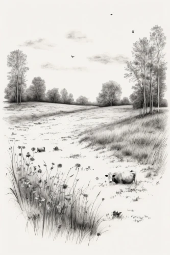 small meadow,meadow in pastel,meadow landscape,salt meadow landscape,brook landscape,freshwater marsh,cow meadow,swampy landscape,tidal marsh,grassland,rural landscape,small landscape,spring meadow,farm landscape,orchard meadow,graphite,grasslands,wild meadow,meadow,dry grass,Illustration,Black and White,Black and White 35