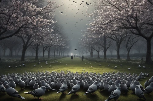 flock of birds,a flock of pigeons,the birds,murder of crows,cherry trees,bird kingdom,crying birds,bird migration,springtime background,the cherry blossoms,birds singing,bird bird kingdom,spring background,flock home,blue birds and blossom,surrealism,seagulls flock,birds,pigeon birds,sakura trees,Illustration,Realistic Fantasy,Realistic Fantasy 17