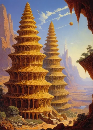 tower of babel,stone pagoda,ancient city,mushroom landscape,desert landscape,step pyramid,stone palace,desert desert landscape,stone desert,pyramids,fantasy landscape,yellow mountains,stone towers,ancient buildings,dune landscape,stone pyramid,mushroom island,ancient civilization,chucas towers,mandelbulb,Conceptual Art,Sci-Fi,Sci-Fi 19