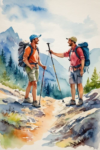 hiking equipment,hikers,trekking poles,backpacking,trekking pole,outdoor recreation,mountain guide,high-altitude mountain tour,digital nomads,travelers,mountaineers,alpine crossing,hiker,guidepost,mountain hiking,nordic walking,painting technique,backpacker,camping equipment,via ferrata,Illustration,Paper based,Paper Based 25