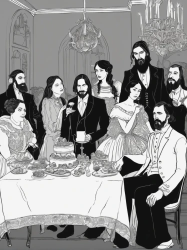 last supper,holy supper,pesach,mitzvah,passover,napoleon iii style,jewish,dinner party,torah,xix century,group of people,the victorian era,exclusive banquet,jewish cuisine,rabbi,greek orthodox,orthodox,rasputin,seven citizens of the country,menorah,Illustration,Black and White,Black and White 02