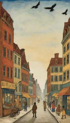 bremen town musicians,bremen,nyhavn,street scene,luneburg,christianshavn,hamelin,muenster,hanseatic city,delft,bamberg,watercolor shops,david bates,freiburg,nuremberg,copenhagen,bergen,kefermarkt,speicherstadt,kiel,Art,Artistic Painting,Artistic Painting 47