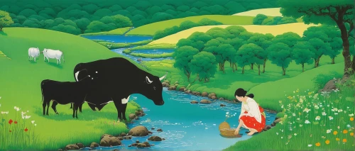 water buffalo,yak,khokhloma painting,oxen,buffalo herder,cow meadow,the black sheep,alpine cow,baby yak,mountain cows,mother cow,buffaloes,two cows,milk cows,green meadow,buffalo herd,black horse,indigenous painting,black sheep,pasture,Illustration,Japanese style,Japanese Style 20