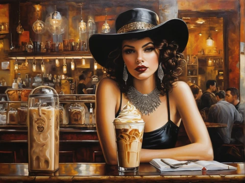 woman with ice-cream,woman at cafe,ice cream parlor,ice cream shop,woman drinking coffee,paris cafe,soda fountain,parisian coffee,the coffee shop,cigarette girl,coffee shop,soda shop,barmaid,milkshake,ice-cream,black hat,ice cream,barista,coffeehouse,women at cafe,Illustration,Realistic Fantasy,Realistic Fantasy 10