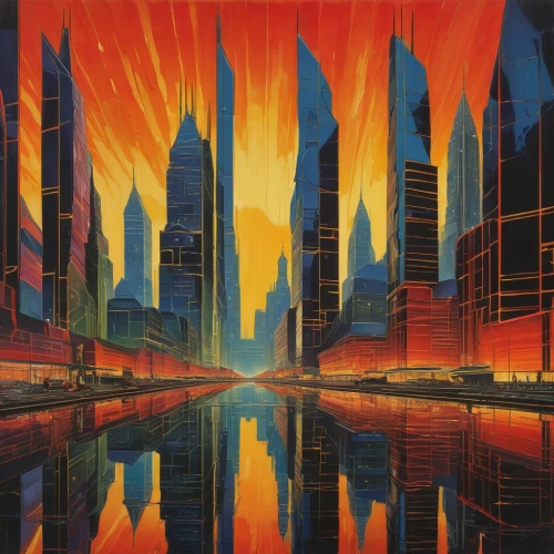 metropolis,cityscape,city in flames,futuristic landscape,city skyline,shanghai,nanjing,fantasy city,high-rises,city cities,travel poster,sky city,skyscrapers,evening city,futuristic architecture,city scape,skyline,year of construction 1972-1980,city at night,art deco,Art,Classical Oil Painting,Classical Oil Painting 23