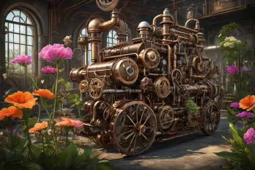 clockmaker,steampunk gears,steam engine,steampunk,flower cart,grandfather clock,flowers in wheel barrel,music box,wooden carriage,flower car,clove garden,wooden train,mechanical puzzle,flower box,watchmaker,flower booth,clockwork,time machine,apothecary,flowerbox,Conceptual Art,Fantasy,Fantasy 25