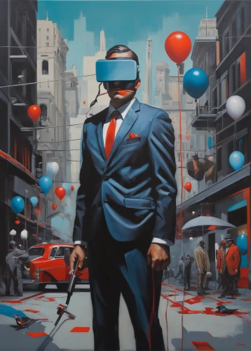 anaglyph,pedestrian,walking man,capital cities,3d man,abstract corporate,white-collar worker,world digital painting,high-wire artist,cyberpunk,blindfold,pandemic,oil painting on canvas,bluejacket,a pedestrian,man with umbrella,dystopia,financial world,virtual world,oil on canvas,Illustration,Realistic Fantasy,Realistic Fantasy 24