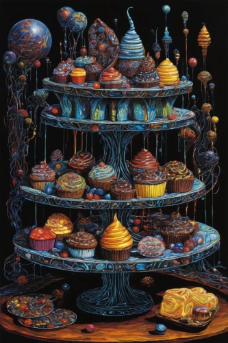 orrery,cake stand,thirteen desserts,cake buffet,pâtisserie,chocolate fountain,candy cauldron,pinball,fractals art,mushroom landscape,sweet pastries,pastries,tower of babel,cake shop,party pastries,confectioner,pastry shop,panopticon,alchemy,fungal science,Illustration,Realistic Fantasy,Realistic Fantasy 33