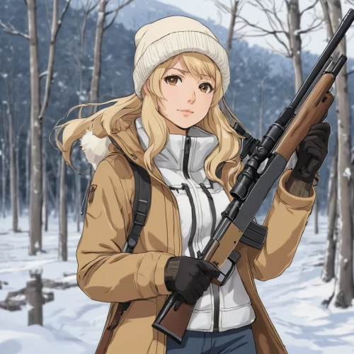 belarus byn,tsumugi kotobuki k-on,siberian,winter background,girl with gun,rifle,parka,south russian ovcharka,girl with a gun,russian winter,kalashnikov,ar-15,siberia,holding a gun,m16,russian,winter clothing,winterblueher,ushanka,stalingrad,Illustration,Japanese style,Japanese Style 10