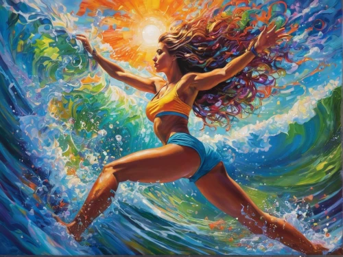 hula,moana,oil painting on canvas,surfer,sea water splash,dance with canvases,tidal wave,siren,the wind from the sea,ecstatic,mermaid background,luau,water splash,surfer hair,poseidon,oil painting,sea beach-marigold,surfing,boho art,god of the sea,Illustration,Paper based,Paper Based 09