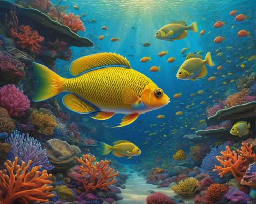 golden angelfish,underwater background,coral reef fish,yellow fish,underwater fish,school of fish,lemon surgeonfish,aquarium decor,aquarium inhabitants,coral fish,aquarium,aquarium fish,napoleon fish,marine fish,lemon butterflyfish,fish in water,discus fish,underwater landscape,marine tank,coral reef,Illustration,Realistic Fantasy,Realistic Fantasy 27