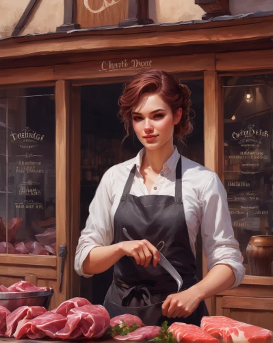 butcher shop,butcher,digital painting,meat counter,waitress,world digital painting,cooking book cover,girl in the kitchen,butchery,deli,game illustration,cookery,fishmonger,red cooking,galantine,woman at cafe,profession,chef's uniform,artisan,cg artwork,Conceptual Art,Fantasy,Fantasy 17