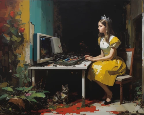 girl at the computer,girl studying,computer addiction,computer,girl sitting,internet addiction,girl picking apples,computer art,girl with dog,girl in the garden,computer freak,woman playing,computer game,man with a computer,playing room,the little girl's room,personal computer,coder,girl in a long,girl with a wheel,Conceptual Art,Oil color,Oil Color 01