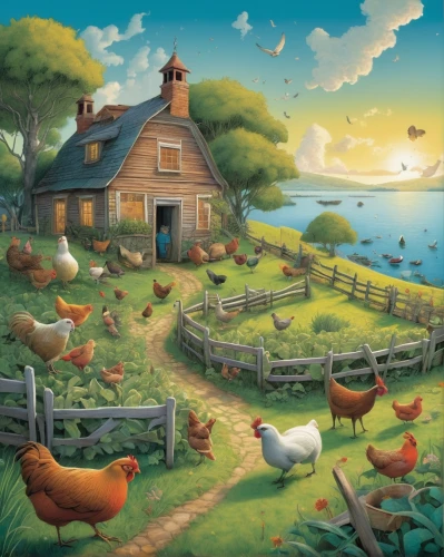 farmyard,chicken farm,chicken yard,farm animals,barnyard,farm landscape,seaside country,farm background,chicken coop,vegetables landscape,organic farm,a chicken coop,the farm,farmstead,flock of chickens,farm,red hen,children's background,bird kingdom,farm hut,Illustration,Realistic Fantasy,Realistic Fantasy 05