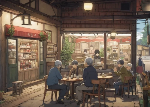violet evergarden,izakaya,watercolor cafe,watercolor tea shop,street cafe,the coffee shop,studio ghibli,paris cafe,cat's cafe,coffee shop,coffeehouse,drinking establishment,cafe,convenience store,watercolor shops,tearoom,dog cafe,yakitori,evening atmosphere,a restaurant,Illustration,Japanese style,Japanese Style 10
