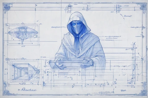 blueprint,blueprints,frame drawing,hooded man,the abbot of olib,blue print,composer,writing or drawing device,hooded,sheet drawing,artifact,manuscript,libra,decrypted,carthusian,cd cover,apothecary,technical drawing,monk,euclid,Unique,Design,Blueprint