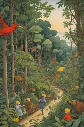 forest workers,happy children playing in the forest,hunting scene,forest animals,tropical birds,cartoon forest,animal lane,vietnam,farmer in the woods,woodland animals,tropical bird climber,macaws of south america,wild animals crossing,animals hunting,the forests,forest landscape,robert duncanson,the forest,mushroom landscape,tropical animals,Illustration,Realistic Fantasy,Realistic Fantasy 31