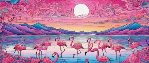 flamingos,pink flamingos,acid lake,flamingoes,flamingo,pink flamingo,psychedelic art,flamingo couple,swans,two flamingo,flamingo pattern,swan lake,cuba flamingos,greater flamingo,surrealism,lagoon,panoramical,psychedelic,surrealistic,trip computer,Illustration,Black and White,Black and White 05
