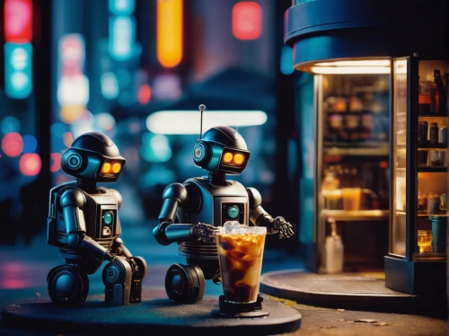 robots,retro diner,toy photos,robotics,neon coffee,industrial robot,chatbot,plug-in figures,social bot,robot icon,soda fountain,artificial intelligence,minibot,robot in space,automation,chat bot,cinema 4d,coffee machine,yakitori,street cafe,Unique,3D,Toy