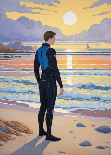 dr. manhattan,man at the sea,viewing dune,wetsuit,cg artwork,sci fiction illustration,luke skywalker,star-lord peter jason quill,dune,el mar,dune sea,imperial shores,dry suit,berger picard,exploration of the sea,andromeda,valerian,surfer,the horizon,aquanaut,Illustration,Retro,Retro 23