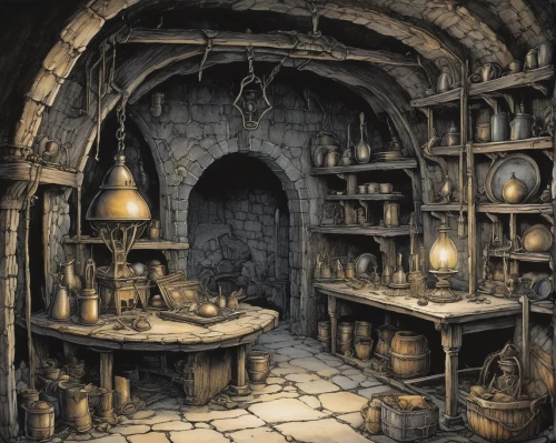 apothecary,candlemaker,wine cellar,cellar,potions,dungeon,brandy shop,witch's house,catacombs,potter's wheel,dungeons,engine room,tinsmith,the boiler room,chamber,distillation,victorian kitchen,vaulted cellar,tavern,basement,Illustration,Paper based,Paper Based 29