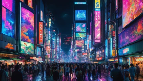 shinjuku,tokyo,shibuya,tokyo city,colorful city,tokyo ¡¡,osaka,harajuku,shibuya crossing,ginza,japan,world digital painting,cyberpunk,剣岳,kyoto,vapor,asakusa,colored lights,digital art,digital,Conceptual Art,Fantasy,Fantasy 05