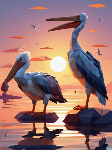 crested terns,pelicans,herons,dalmatian pelican,sea birds,white storks,storks,great white pelicans,harbor cranes,eastern white pelican,white pelican,water birds,brown pelican,pelican,coastal bird,gulls,bird couple,seabirds,small wading birds,seagulls,Unique,3D,Low Poly