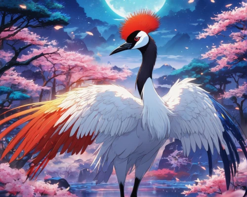 red-crowned crane,eastern crowned crane,gray crowned crane,grey crowned crane,white-naped crane,grey crowned cranes,crane-like bird,crane,grey neck king crane,crane bird flying,cranes,sandhill crane,scarlet ibis,fujian white crane,bird kingdom,whooping crane,storks,bird bird kingdom,bird of paradise,red bird,Illustration,Japanese style,Japanese Style 03