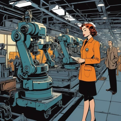 industrial robot,women in technology,industry 4,riveting machines,automation,machine tool,robotics,machinery,robots,machines,machine learning,telephone operator,assembly line,manufacture,sewing factory,yellow machinery,manufacturing,sci fiction illustration,cybernetics,calculating machine,Illustration,American Style,American Style 09