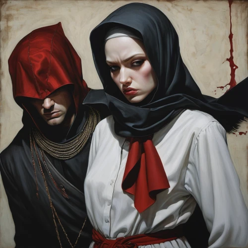 gothic portrait,seven sorrows,assassins,red riding hood,orientalism,blindfold,contemporary witnesses,andreas cross,dance of death,young couple,little red riding hood,hooded man,red coat,man and wife,assassin,oil painting on canvas,james handley,femicide,romantic portrait,dark gothic mood,Illustration,Realistic Fantasy,Realistic Fantasy 07