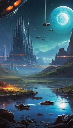 futuristic landscape,fantasy landscape,alien world,alien planet,sci fiction illustration,space art,terraforming,sci fi,scifi,fantasy picture,lunar landscape,sci-fi,sci - fi,exoplanet,cg artwork,planet alien sky,world digital painting,fantasy art,vast,federation,Conceptual Art,Oil color,Oil Color 09