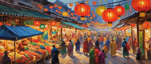 chinese lanterns,lanterns,hanoi,morocco lanterns,shanghai,chinese lantern,chinese art,oriental,vendors,china town,large market,mid-autumn festival,the market,xi'an,market,colorful city,namdaemun market,illuminated lantern,chinatown,asia,Conceptual Art,Oil color,Oil Color 22