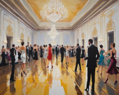 ballroom,ballroom dance,art painting,reception,meticulous painting,world digital painting,art gallery,paintings,orsay,universal exhibition of paris,wade rooms,grand hotel,oil painting on canvas,art exhibition,exclusive banquet,golden weddings,ballroom dance silhouette,waltz,concierge,hall of nations,Conceptual Art,Oil color,Oil Color 02
