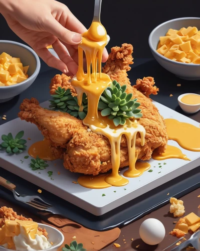 cheese fried chicken,food presentation,food collage,kids' meal,food photography,egg tray,food styling,culinary art,western food,crispy house,chicken strips,à la carte food,food platter,oil food,chicken tenders,dinner tray,chicken schnitzel,american food,fast food restaurant,hüftfilet,Unique,3D,Isometric