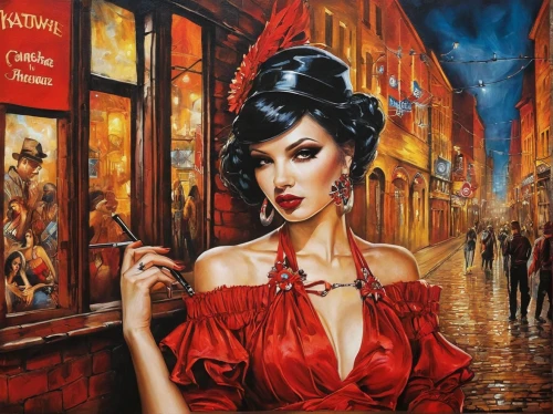lady in red,man in red dress,barmaid,cigarette girl,valentine day's pin up,rockabilly style,fantasy art,oil painting on canvas,woman at cafe,rockabilly,art painting,red ribbon,italian painter,paris cafe,valentine pin up,pin up girl,romantic portrait,ann margarett-hollywood,bartender,pin ups,Illustration,Realistic Fantasy,Realistic Fantasy 10