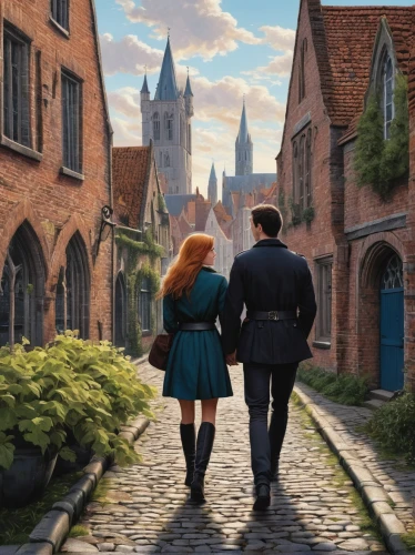 hogwarts,a fairy tale,fairy tale,bremen,merida,fairytale,world digital painting,young couple,cobblestones,vintage boy and girl,the cobbled streets,couple goal,romantic scene,fairy tales,boy and girl,delft,fairytales,cobblestone,fantasy picture,bruges,Illustration,Black and White,Black and White 15