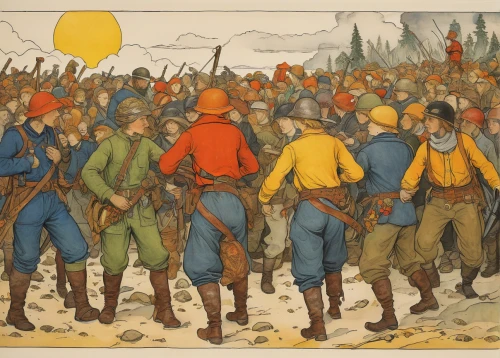 forest workers,the pied piper of hamelin,pilgrims,high-visibility clothing,khokhloma painting,workers,marching,miners,soldiers,patrols,may day,ww1,milvus migrans,volunteers,first world war,migrants,hunting scene,farmer protest,vintage illustration,procession,Illustration,Realistic Fantasy,Realistic Fantasy 31