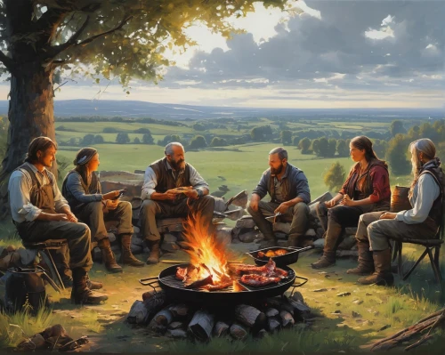 campfire,campfires,men sitting,social group,boy scouts of america,informal meeting,outdoor recreation,camp fire,boy scouts,family gathering,fire bowl,scouts,fireside,outdoor life,gathering,group think,oil painting on canvas,people in nature,seven citizens of the country,group of people,Conceptual Art,Fantasy,Fantasy 12