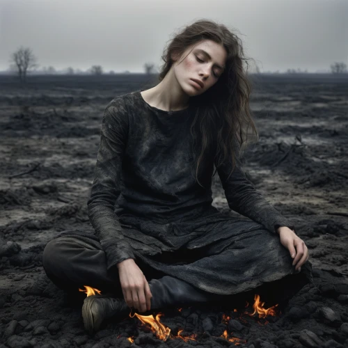 scorched earth,desolation,burned out,burned land,the night of kupala,charred,black landscape,deforested,conceptual photography,purgatory,of mourning,self-abandonment,ashes,girl lying on the grass,dark gothic mood,desolate,depressed woman,burnt pages,walpurgis night,transience,Photography,Documentary Photography,Documentary Photography 21