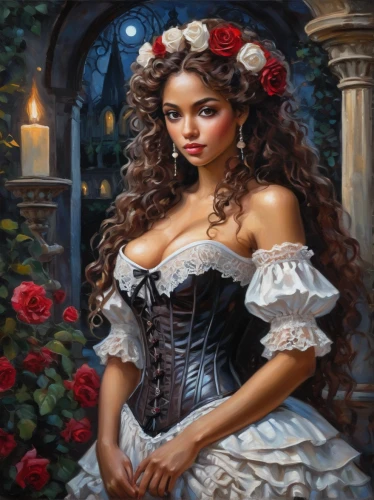 romantic portrait,fantasy art,fantasy portrait,gothic portrait,victorian lady,romantic rose,fantasy picture,rosa,way of the roses,cinderella,scent of roses,celtic queen,with roses,queen of hearts,fairy tale character,mystical portrait of a girl,art painting,wild roses,bodice,fantasy woman,Conceptual Art,Oil color,Oil Color 10