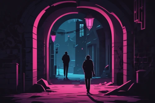 neon ghosts,alleyway,game illustration,cyberpunk,neon arrows,alley,pink city,game art,dusk background,passage,dusk,sci fiction illustration,silhouette art,pink vector,couple silhouette,musical background,music background,would a background,stranger,pedestrian,Unique,Paper Cuts,Paper Cuts 05
