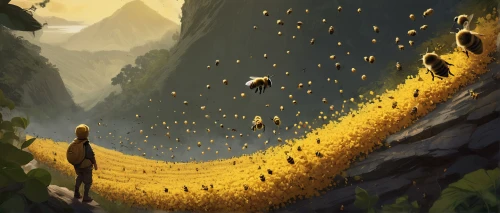 sunflower field,yellow mountains,swarm of bees,mountain road,bee colony,valley of death,animal migration,mushroom landscape,alpine route,mountain highway,bird migration,flying seeds,trail,migration,alpine crossing,ravine,bird kingdom,mountain slope,golden rain,the valley of death,Conceptual Art,Fantasy,Fantasy 02