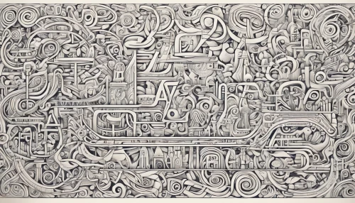 keith haring,maya civilization,maze,sheet drawing,hieroglyphs,hieroglyph,pen drawing,game drawing,woodcut,mesoamerican ballgame,mechanical puzzle,hieroglyphics,index card,handdrawn,labyrinth,circuitry,camera drawing,computer art,abstract cartoon art,woodtype,Illustration,Black and White,Black and White 05