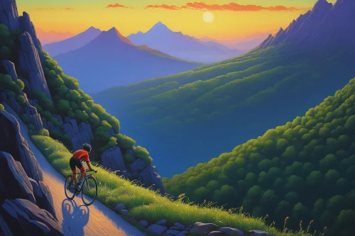 artistic cycling,mountain bike,mountain biking,cyclist,cycling,alpine route,bicycling,bicycle ride,travel poster,cyclists,biking,singletrack,mountain sunrise,mountain road,bike ride,alpine sunset,road cycling,alpine crossing,cross-country cycling,uphill,Illustration,Realistic Fantasy,Realistic Fantasy 26