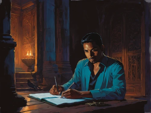 persian poet,scholar,study,sci fiction illustration,game illustration,author,investigator,artist portrait,male poses for drawing,watchmaker,tutor,meticulous painting,night administrator,writing-book,digital painting,italian painter,art bard,girl studying,writer,quill pen,Conceptual Art,Fantasy,Fantasy 07