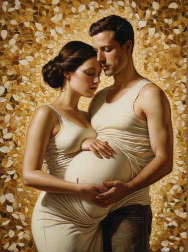 maternity,pregnant woman icon,pregnant women,pregnancy,golden weddings,expecting,pregnant woman,fertility,david-lily,mother and father,oil painting on canvas,holy family,man and wife,young couple,childbirth,pregnant statue,mary-gold,man and woman,capricorn mother and child,gold foil laurel,Illustration,Realistic Fantasy,Realistic Fantasy 09