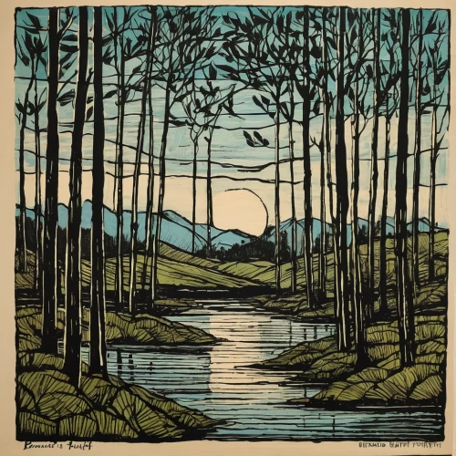 cool woodblock images,woodcut,woodblock prints,david bates,olle gill,vincent van gough,woodblock printing,brook landscape,river landscape,forest landscape,meander,watercourse,riparian forest,kate greenaway,streams,stream bed,the forests,tapestry,printmaking,small landscape,Art,Artistic Painting,Artistic Painting 01